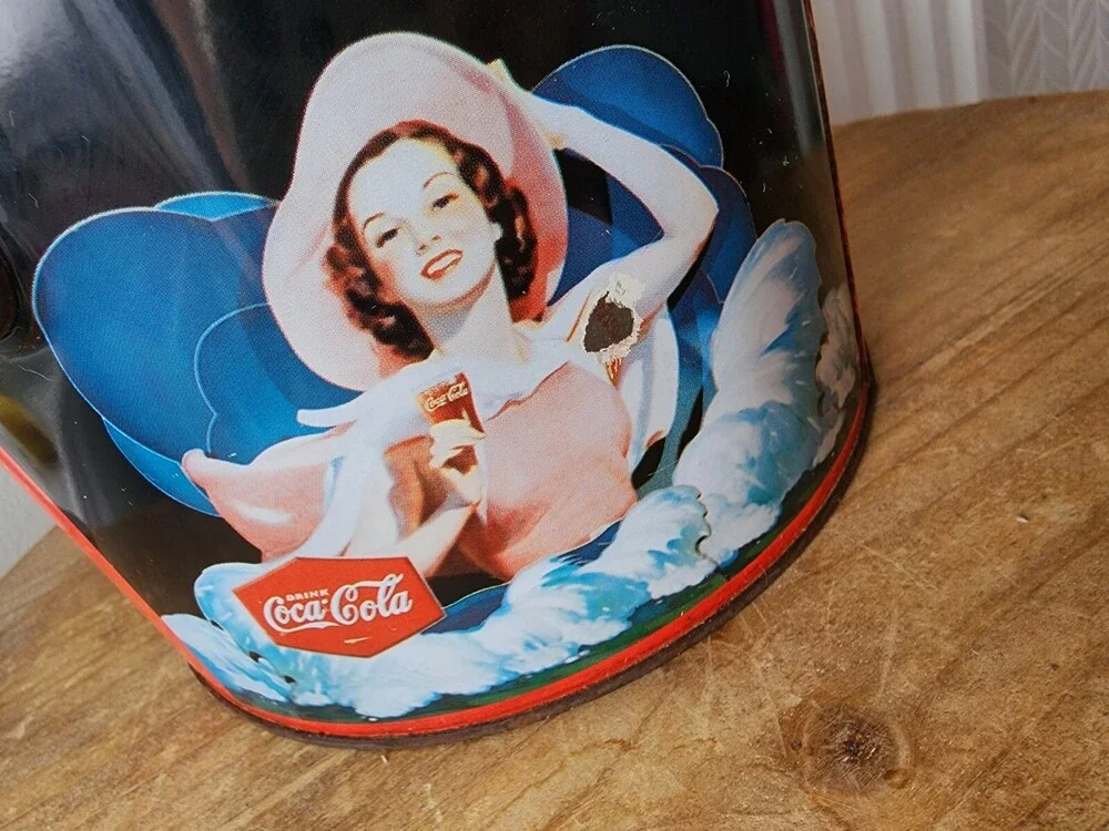Vintage Coca Cola Old Fashioned Ladies at Beach Lidded Wire Handle Round Tin Can